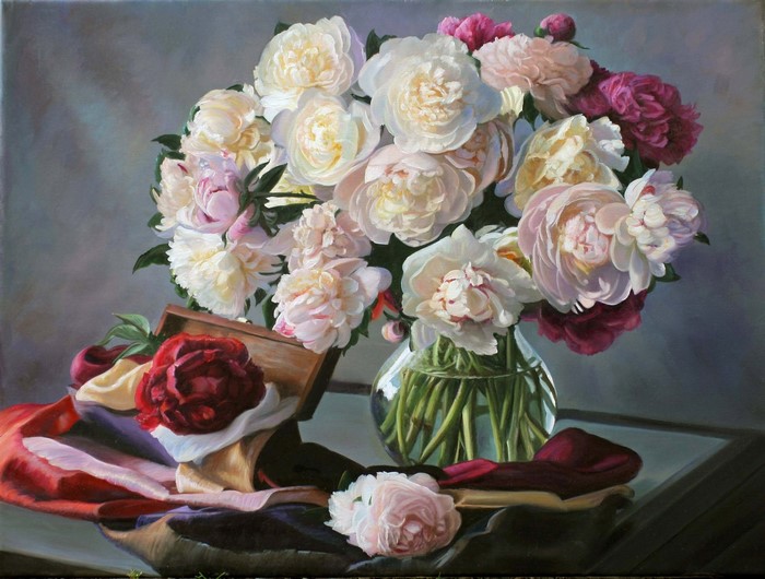 Still life painting of peonies by Zbigniew Kopania