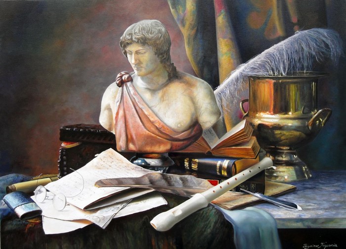 Still life with bust, musical instrument, and books by Zbigniew Kopania