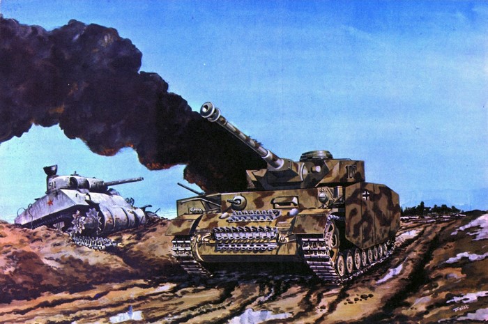 German Panzer IV tank in combat with a Soviet tank