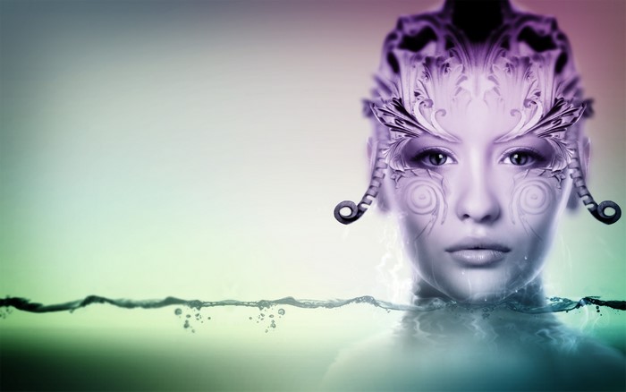 Woman with purple ornate mask emerging from water