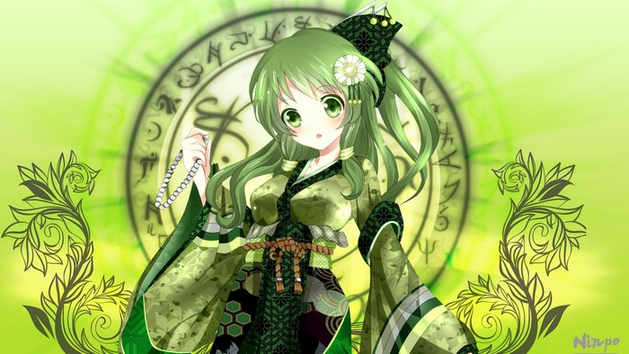 Anime Girl with Green Hair and Traditional Japanese Outfit