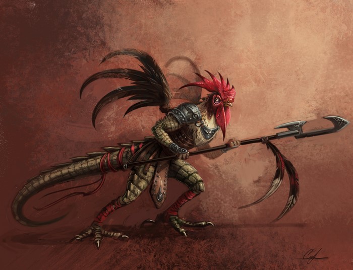 A rooster-like creature with a spear and armor