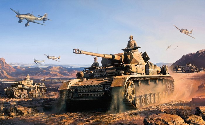 Panzerkampfwagen IV Tanks and Aircraft in Desert Landscape