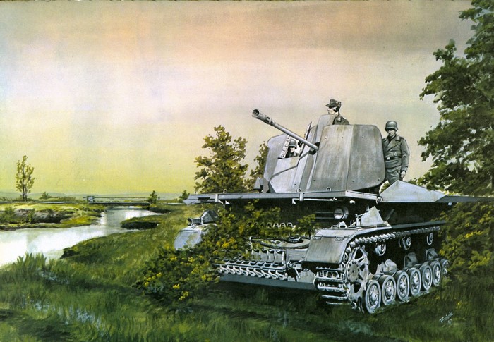 Painting of a German self-propelled gun with soldiers