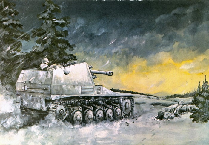 Painting of a German SPG in a snowy landscape