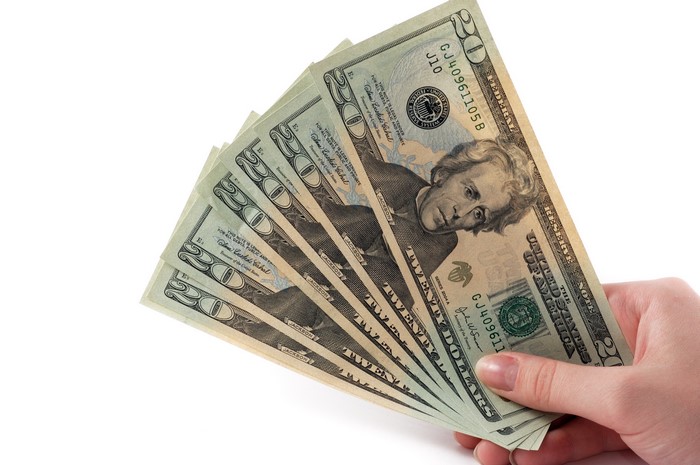 Hand holding fan of twenty dollar bills
