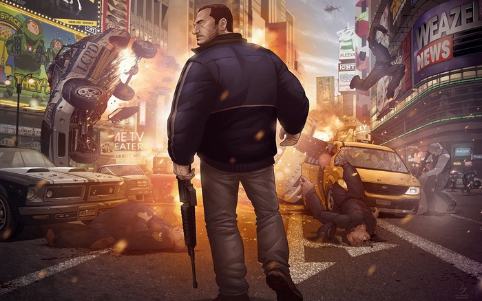 Niko Bellic from Grand Theft Auto IV in a chaotic city scene