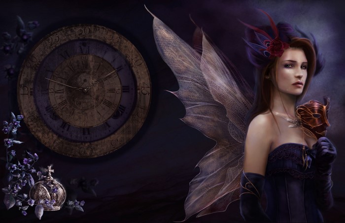 Fairy holding a mask near a clock
