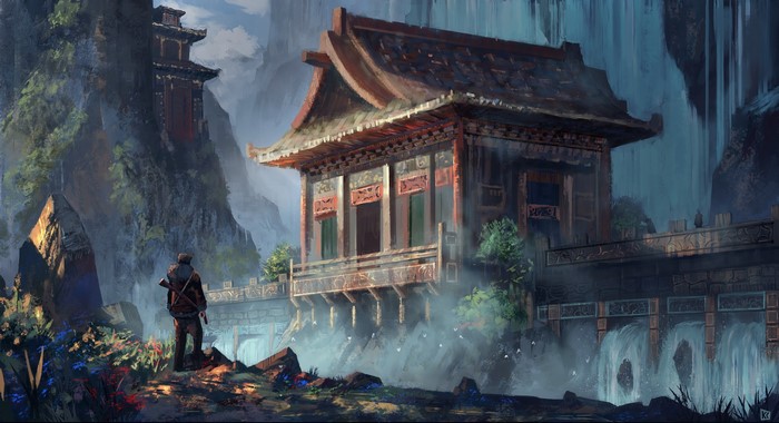 Man with rifle near ancient Asian temples and waterfalls