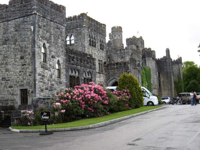 Castle with pink flowers and vehicles