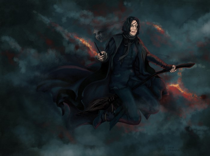 Severus Snape flying on a broomstick from Harry Potter