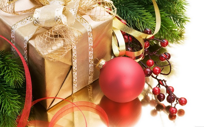 Christmas gift with ornament and pine branches