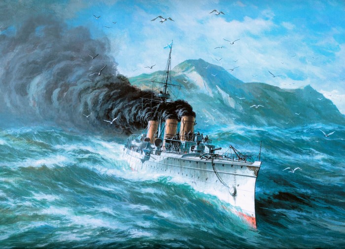 Painting of a warship in rough seas