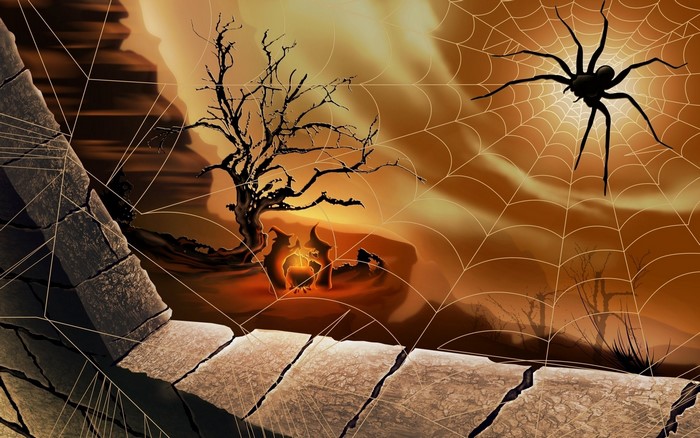 Halloween spider web with dead tree and cauldron
