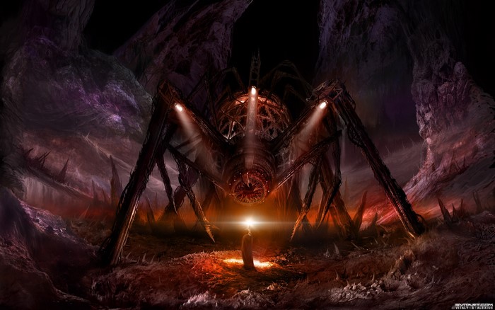 Giant mechanical spider in a dark cave with a person