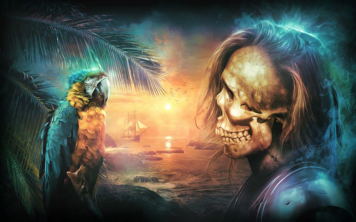 Parrot and Skull Ghost by the Sea at Sunset