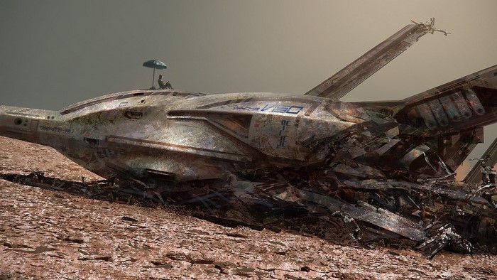 Wrecked spaceship on a desolate planet with two figures