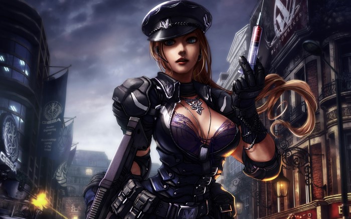 Woman in uniform holding syringe and gun in city