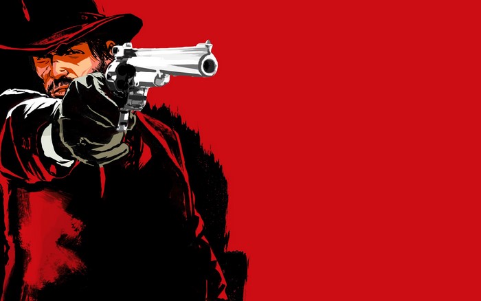 Arthur Morgan from Red Dead Redemption pointing a gun