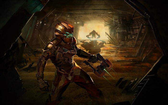 Isaac Clarke from Dead Space in a dark corridor