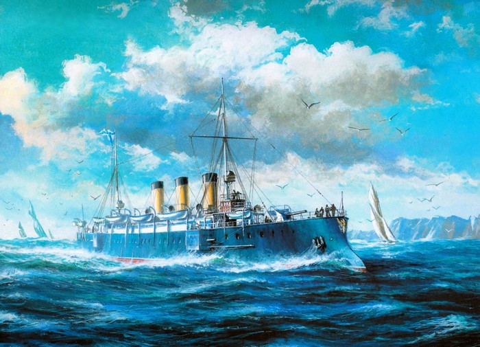 Painting of a blue warship sailing on a wavy sea