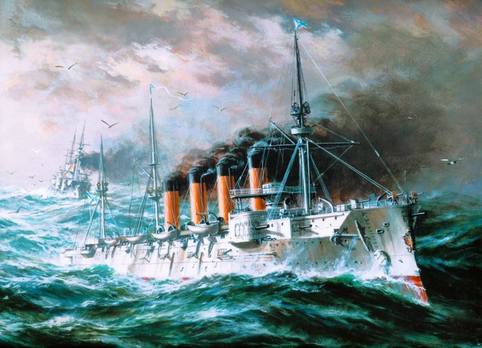 Painting of ships in rough seas
