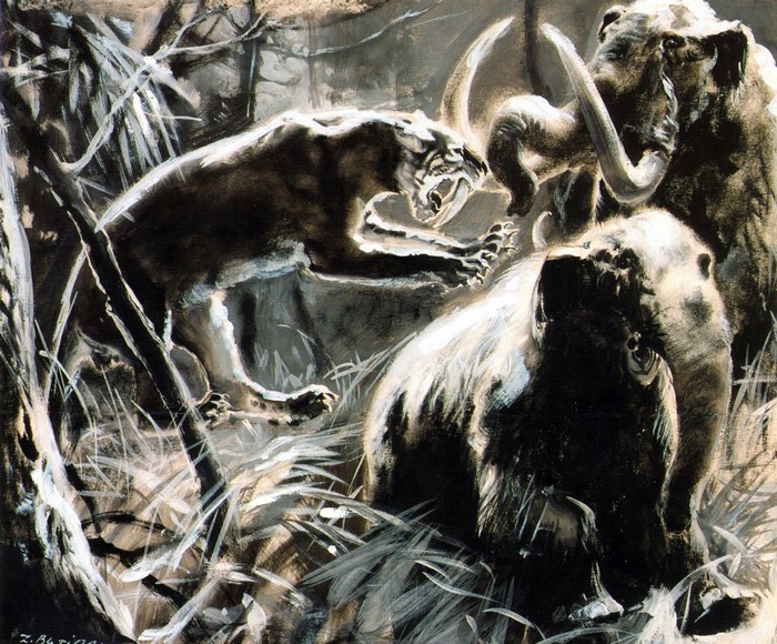 Saber-toothed cat attacking mammoths