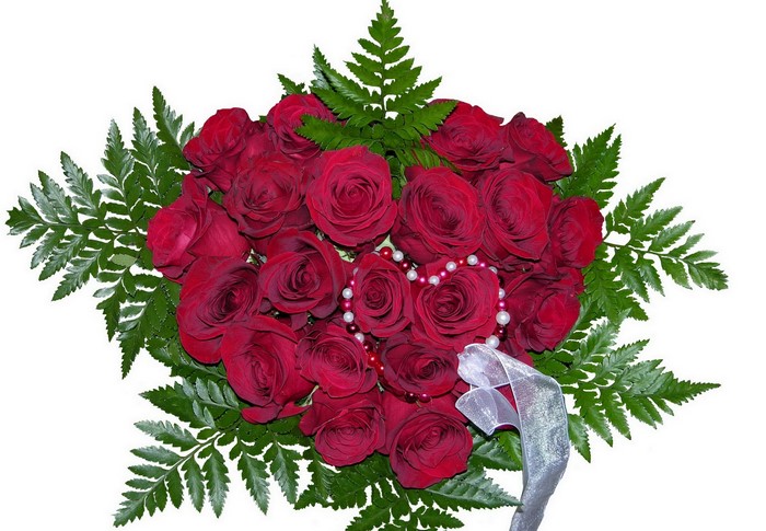 Bouquet of red roses with pearls and ribbon