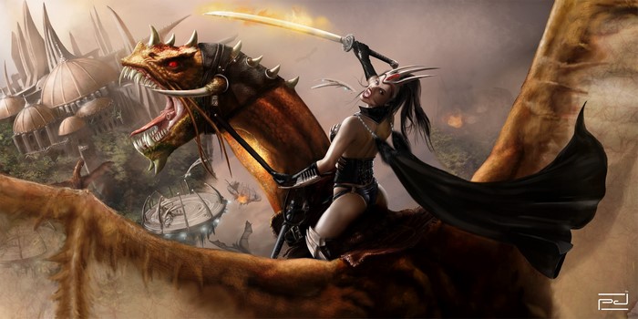 Woman warrior riding a dragon with a katana