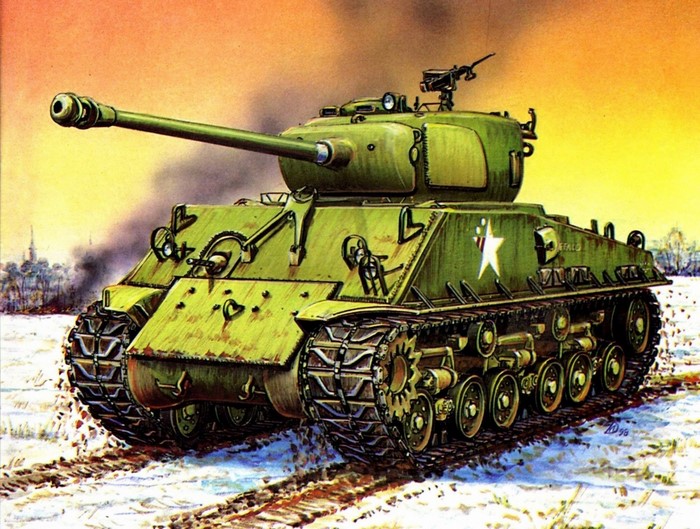 Painting of a Sherman tank in a snowy landscape