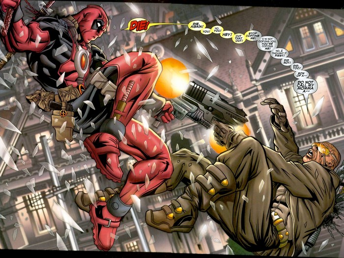 Deadpool fighting an enemy in a building