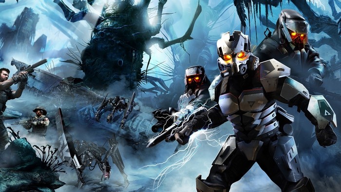 Killzone soldiers and robots in a war-torn landscape