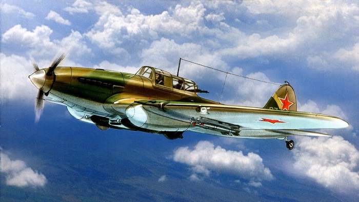 Painting of a Soviet Ilyushin Il-2 Sturmovik aircraft in flight