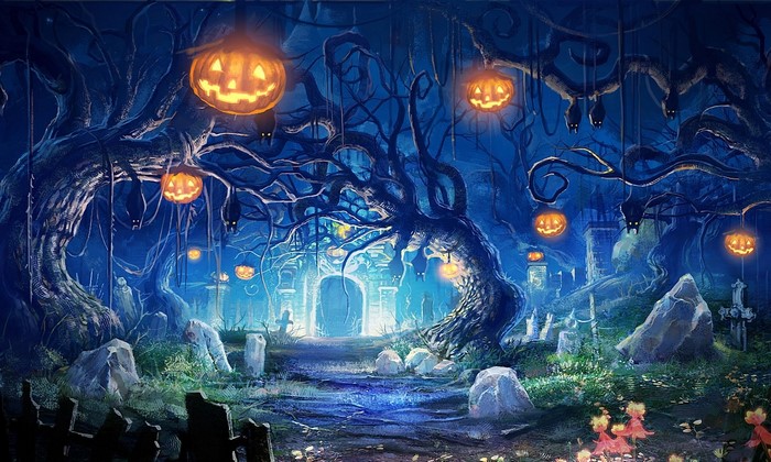 Halloween graveyard with jack-o'-lanterns and bats
