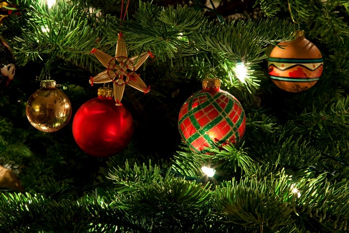 Christmas Ornaments and Lights on Tree