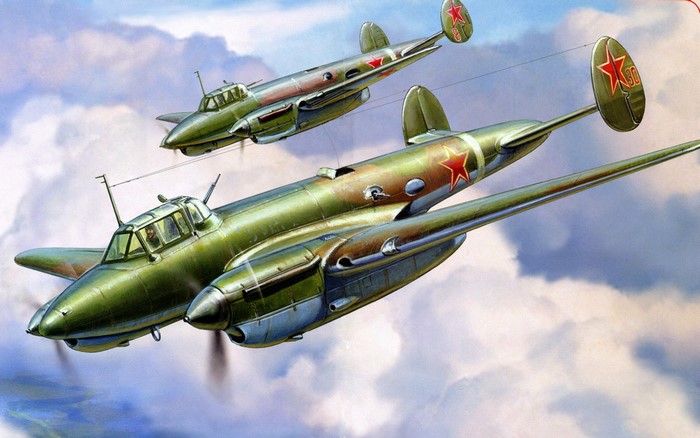 Two Soviet Pe-2 bombers flying in formation