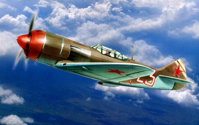 Painting of a Soviet Lavochkin La-5 fighter plane in flight
