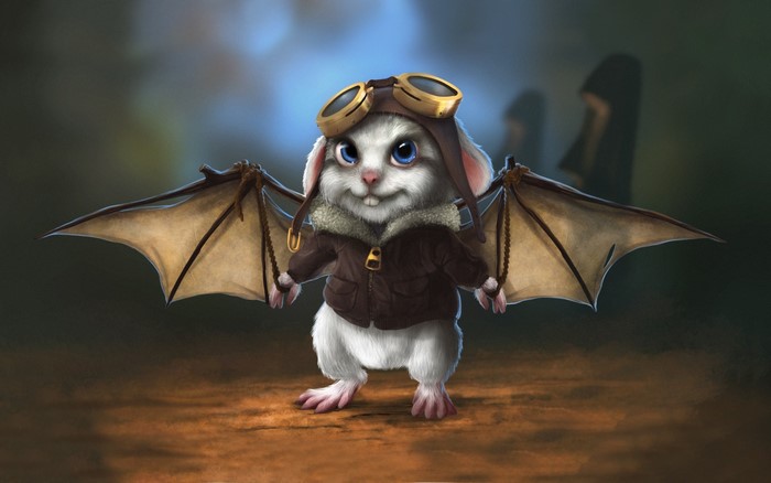A white creature with bat wings and aviator goggles