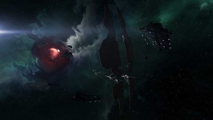 Spaceships near a red nebula and a large structure