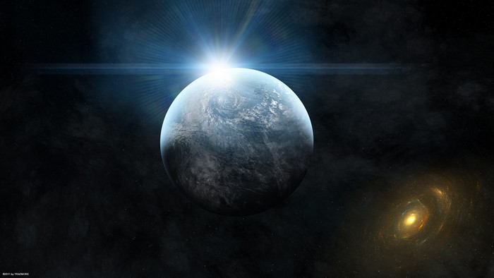 Planet with sunburst and galaxy