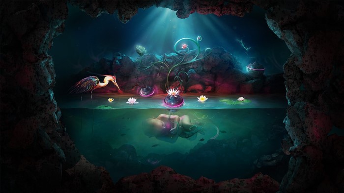 Surreal underwater cave with fetus and heron