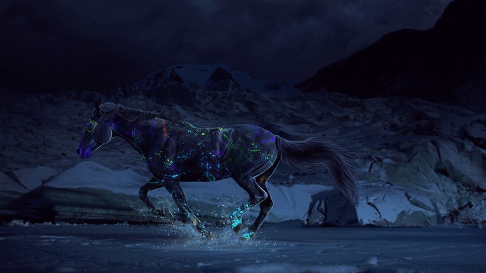 A magical horse running through a dark, icy landscape