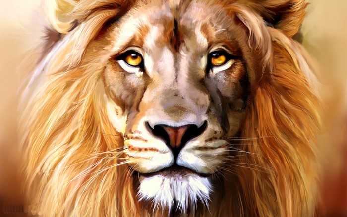 Close-up painting of a lion's face