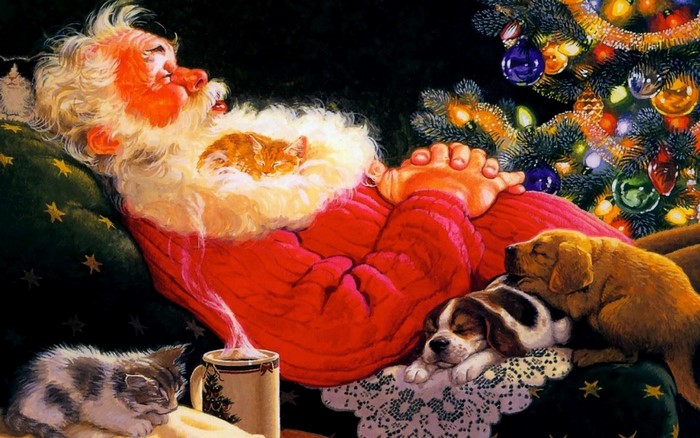 Santa Claus sleeping with pets by Christmas tree