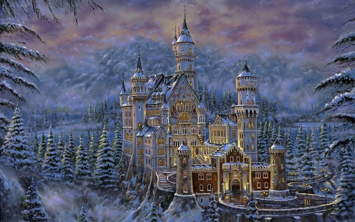 Winter castle in a snowy forest at dusk