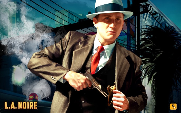 Cole Phelps from L.A. Noire holding a gun