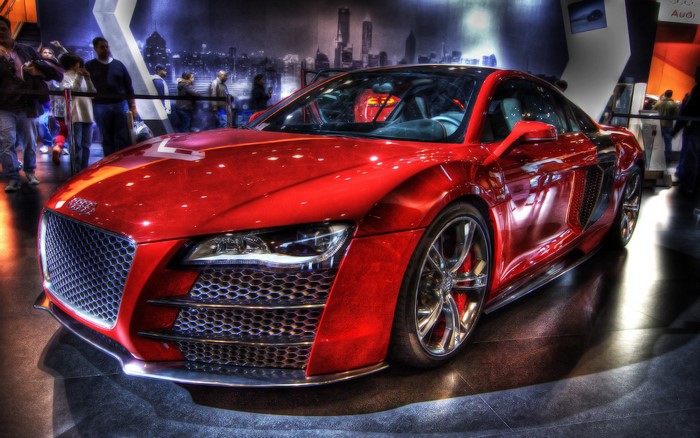 Red Audi R8 sports car on display