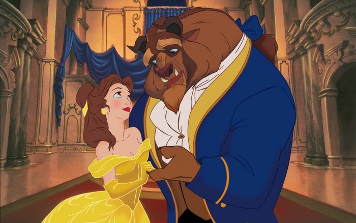 Belle and Beast dancing in a ballroom from Beauty and the Beast