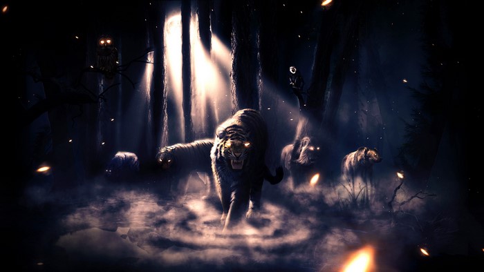 Magical animals in a dark forest