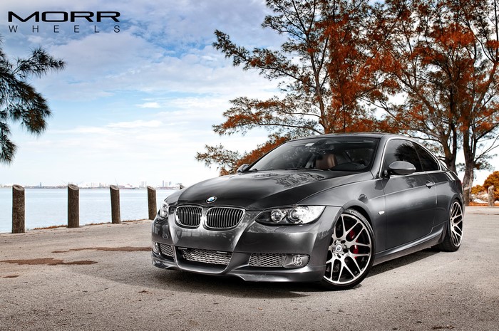 Gray BMW Coupe with MORR Wheels by the Water